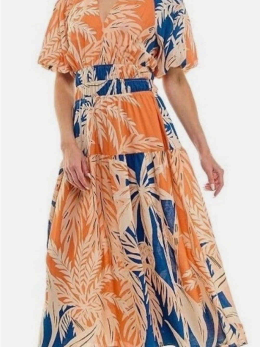 fig and flower Orange, Navy & Cream Tropical Tiered Midi Dress